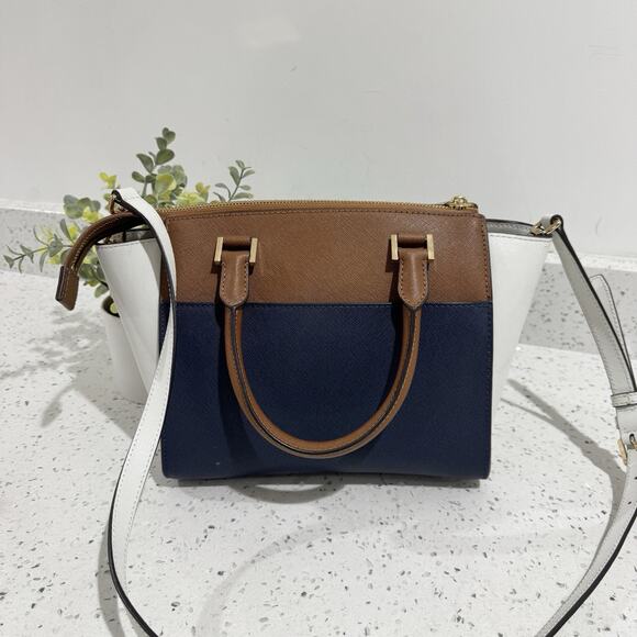 Michael Kors Hudson Medium Satchel Color Lock Navy Brown Leather DG - Picture 2 of 8